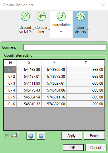 User defined entry of the elevation of the points (vertices) of the ground line
