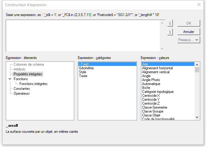 Fenêtre de création d'expression