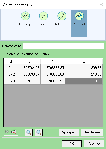 Saisie manuelle de l'altitude des points (vertex) de la ligne de terrain