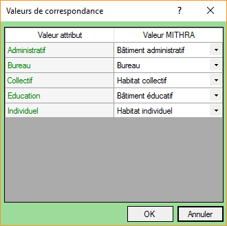 Exemple d'interface de correspondance des valeurs attributaires (butte/talus)