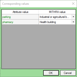 Example of the corresponding attribute values interface (buildings)