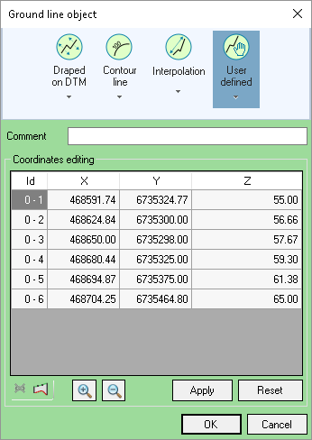 User defined entry of the elevation of the points (vertices) of the ground line