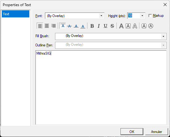 Text settings window