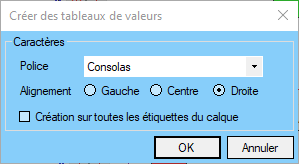 Interface de création des tableaux de valeurs